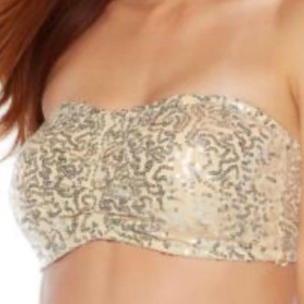 Rhonda Shear Silver Sequin Nude Bandeau Bra Top Removable Clear Straps Size 1X